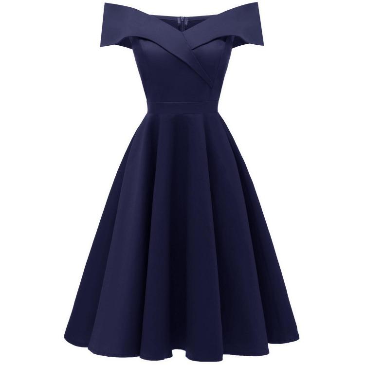 

Vintage Off Shoulder Bardot Little Black Dress Women Sateen Skater Midi Prom Evening Party Cocktail Wedding Guest Classic Occasion Outfit S темно-синий