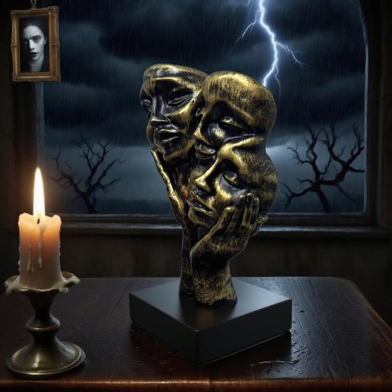 Gothic Bronze Face Sculpture Abstract Dark Art Human Face Resin Figurine Statue Home Office