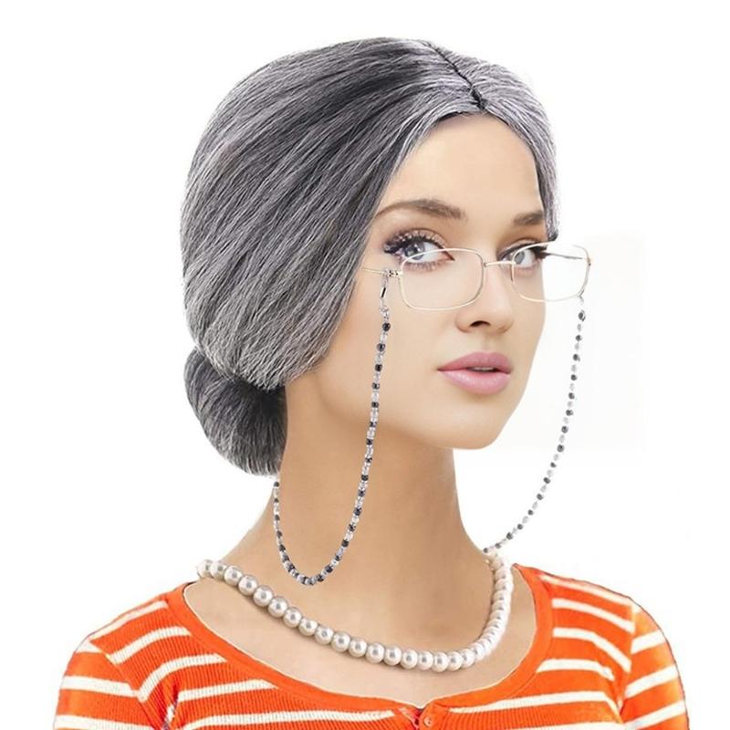 100 Tage Schule Cosplay Kostüm Set für Kinder Alte Dame Kostüm Zubehör Falsche Perlen Halskette Brille Perücken Haarnetz