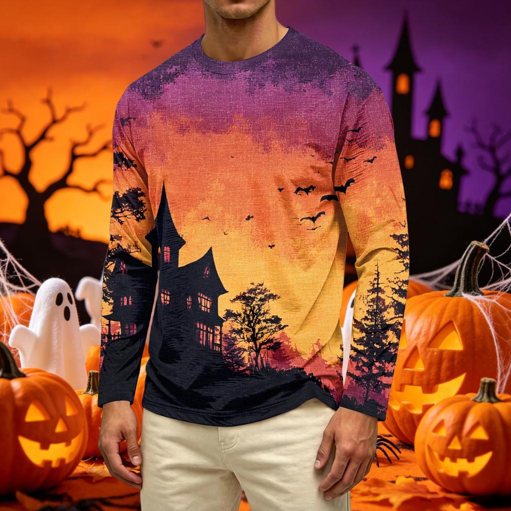 Men's Long Sleeve Casual T-Shirt Crew Neck Printed Halloween Pumpkin Pattern Top Comfortable Fit Lightweight Fabric