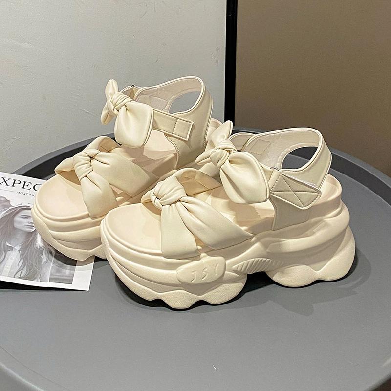 Summer High Platform Women Sandals 9CM Wedge Heels Bowknot Slipper Fashion 2025 Outside Chunky Sandals Beach Casual Slides Woman