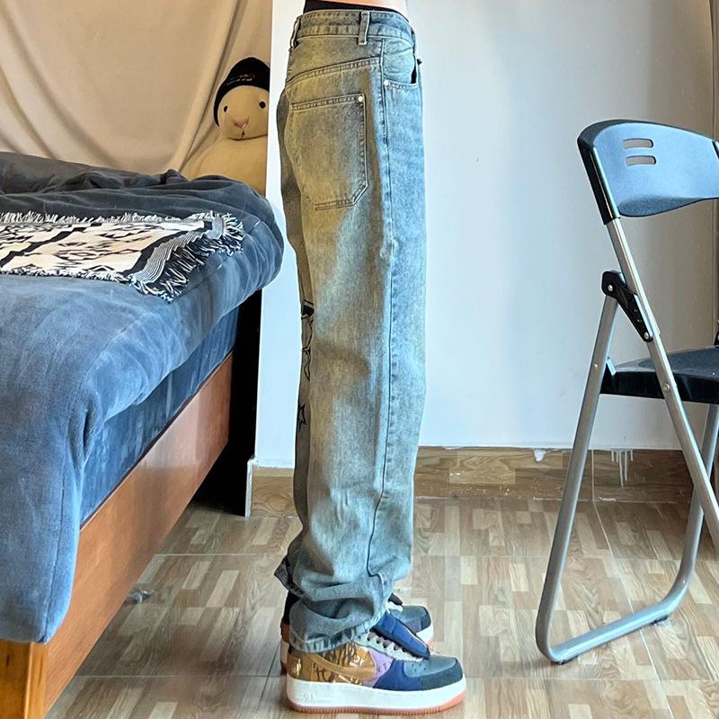 Men Embroidered Jeans Straight Loose Wide-leg Pants Spring Autumn New Korean Fashion High Street Hip Hop Style Male Trousers