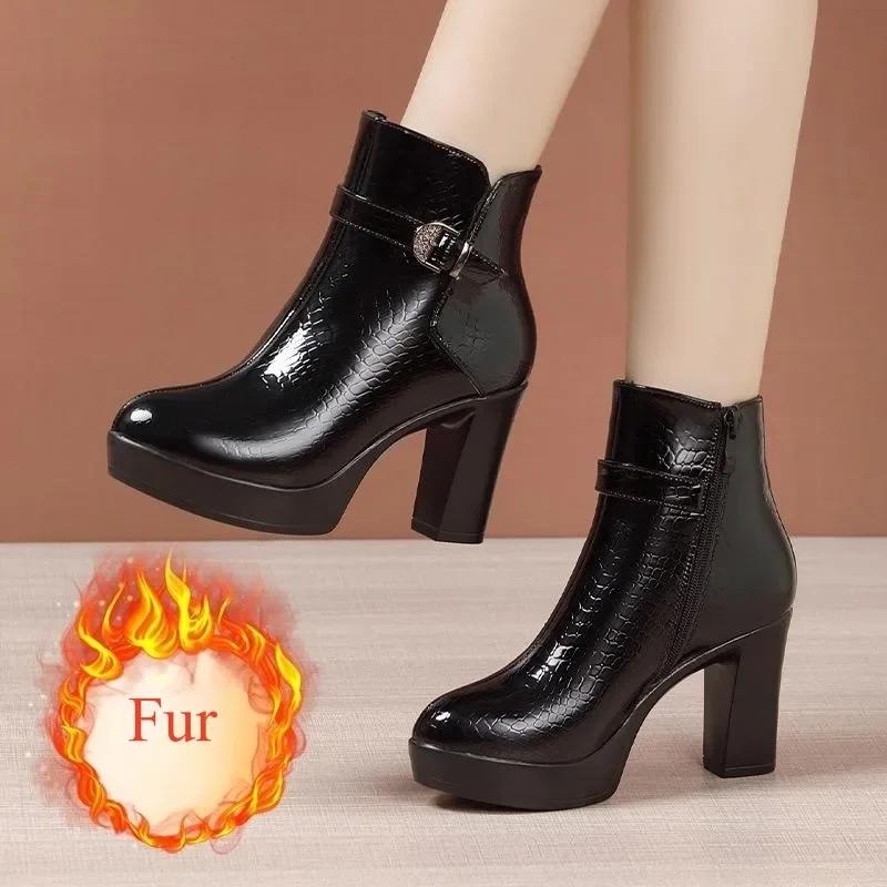 

9 см Маленький размер 32-43 Осень Зима Ботинки из натуральной кожи Женская обувь на платформе 2025 Блочный высокий каблук Короткие ботильоны для офиса 32