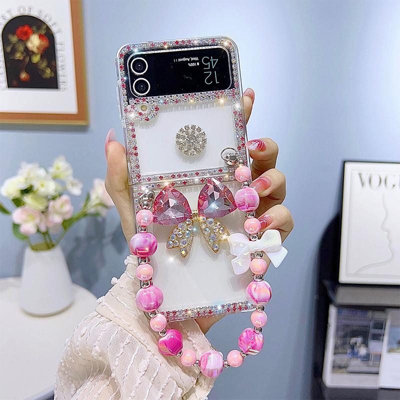 For Samsung Zflip6 Mobile Phone Case Clamshell Folding Screen Transparent Rhinestone Butterfly Ins Light Luxury Beads Portable