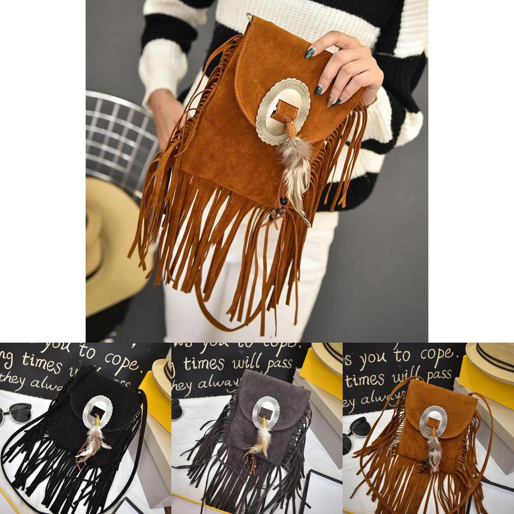 Bohemian Style Pu Small Shoulder Bag With Feather Tassel For Casual Travel Women