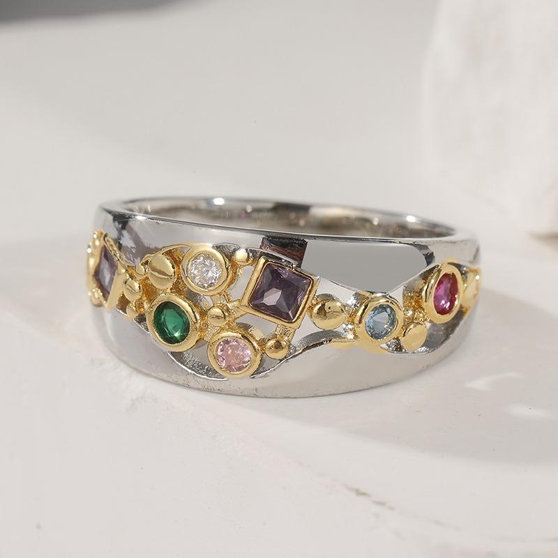 Vintage Two Color Inlaid Multicolored CZ Women's Ring Geometry Hollow Daily Wear Party Jewelry