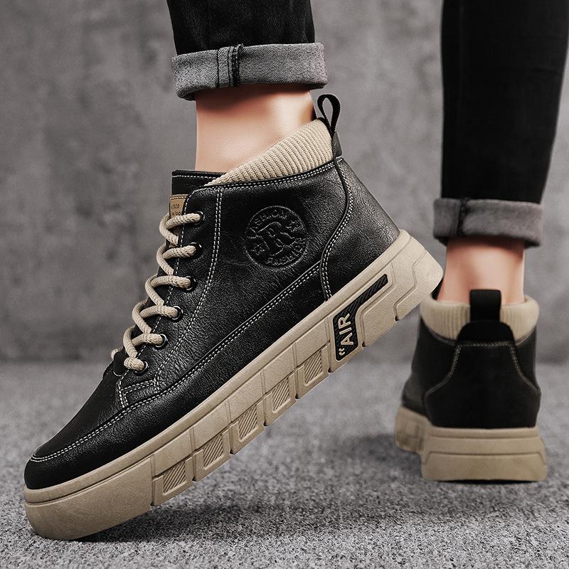 Men's Shoes 2025 New Autumn Leather Waterproof Comfortable Casual Trendy Shoes Men's British Wear-resistant Mid-help Tooling Board Shoes