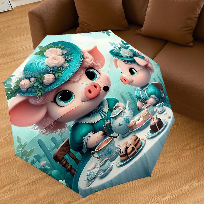 1PC Tea Party Pig Umbrella-8-Rib Reinforced, Automatic Open, Lightweight & Durable, Cute Fashion Accessory for Outdoor-T371
