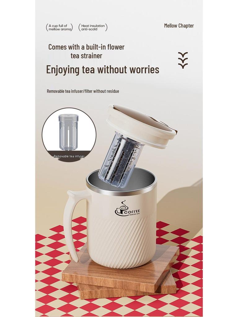Portable Stainless Steel Mug with Lid, Spoon & Tea Infuser - Multi-Purpose Cup for Tea, Coffee, Milk, or Water.