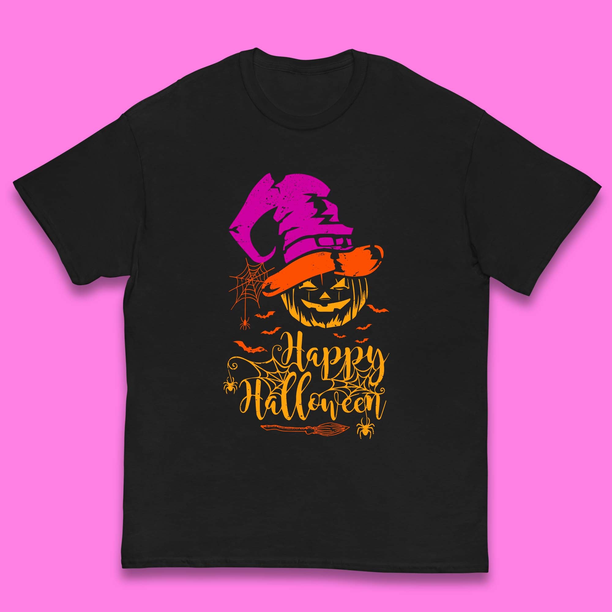 Happy Halloween Witch Hat Pumpkin Horror Scary Jack-o-lantern Flying Bats Kids T Shirt 110