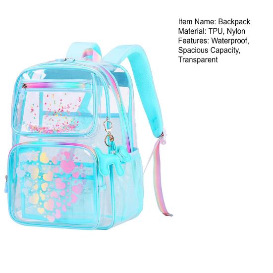 Kids Clear Backpack Waterproof Student Backpack with Love Heart Prints Book Bag with Front Zipper Pockets for Boys Girls School Street