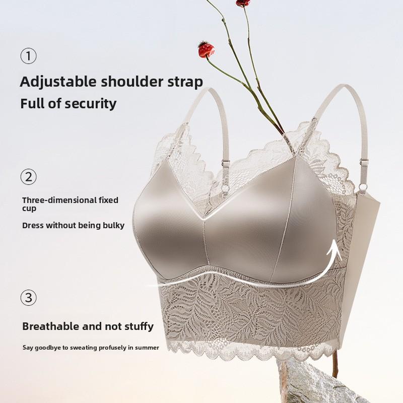 French Lace Satin Camisole Bra, Sexy Deep V Push Up Fixed Cup Bandeau Backless Integrated Lingerie for Women