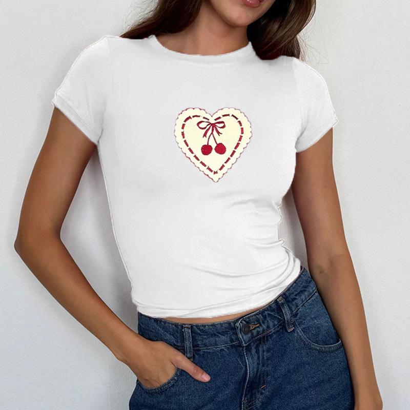 T-shirt imprimé Cherry Love pour femmes Spice Girls, pull à col rond, bas slim, hauts courts, printemps été