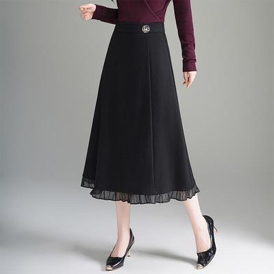 2026 Spring Elegant High Waist A-Line Midi Skirt with Wood Ear Lace Patchwork