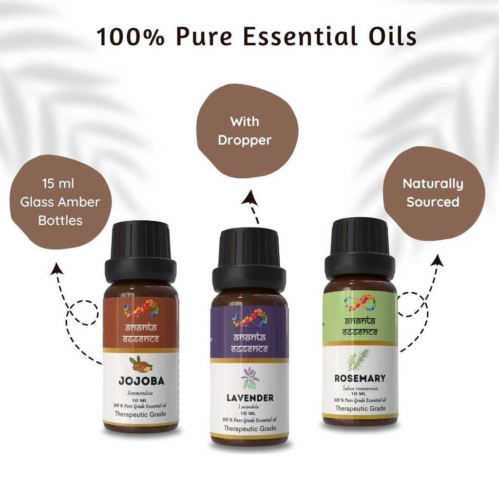 Ananta Combo Olio Essenziale per la Crescita dei Capelli – Oli Aromatici di Jojoba, Lavanda e Rosmarino (10 ml × 3)