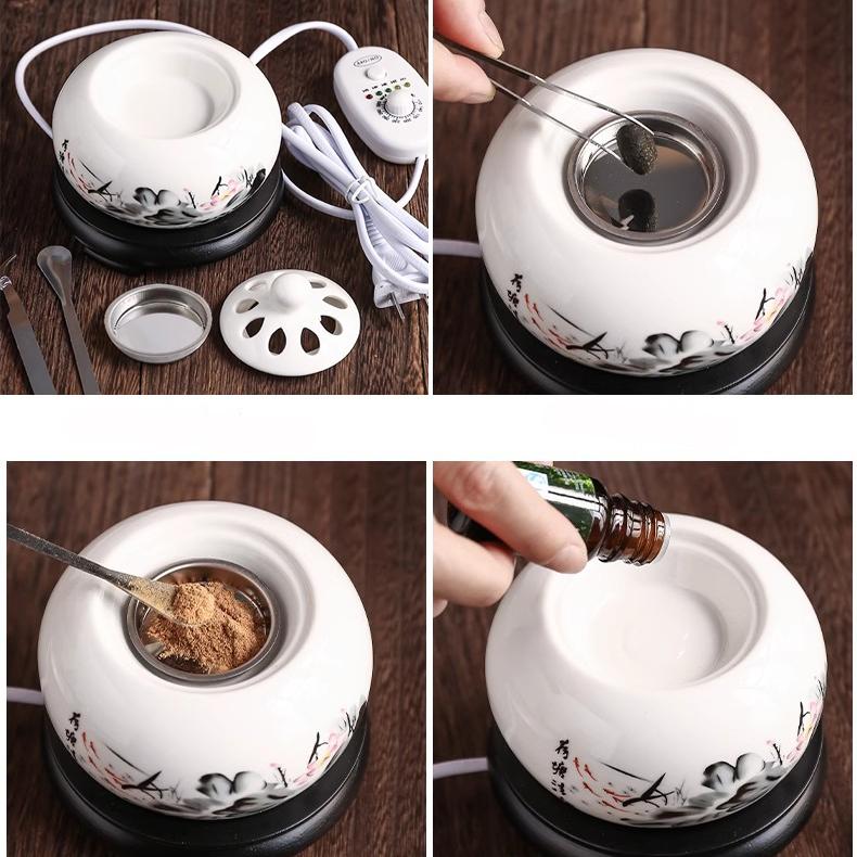 110V/220V Fornello per Oli Essenziali a Forma di Loto Ceramica Spina Elettrica Bruciatori di Incenso in Polvere di Sandalo OUDH Meditazione Stufa Profumata
