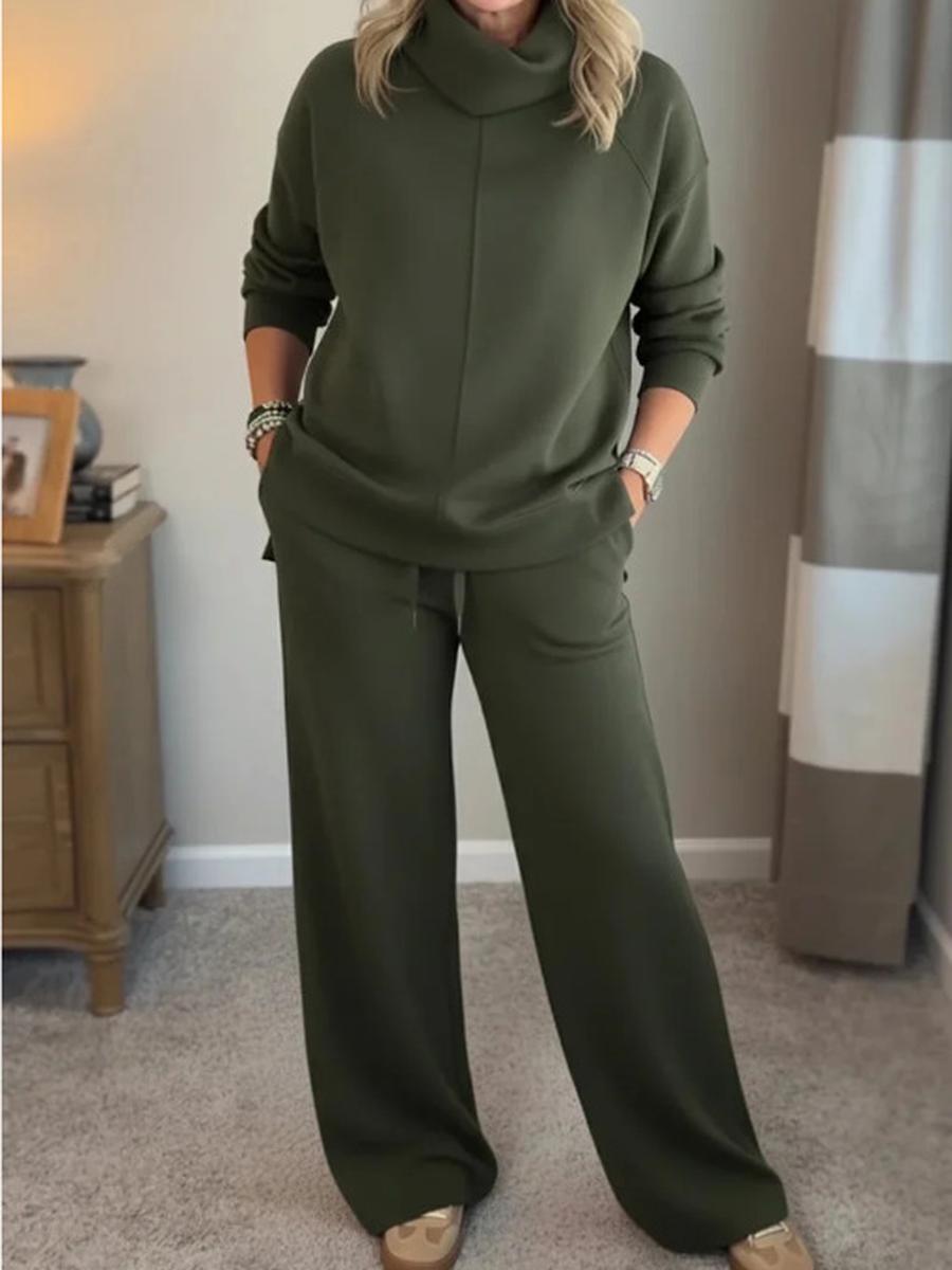 

New Autumn Winter Crewneck Sweatshirt Solid Color High Neck Top Casual Elegant Commute Women s Two Piece Set 5XL зелений