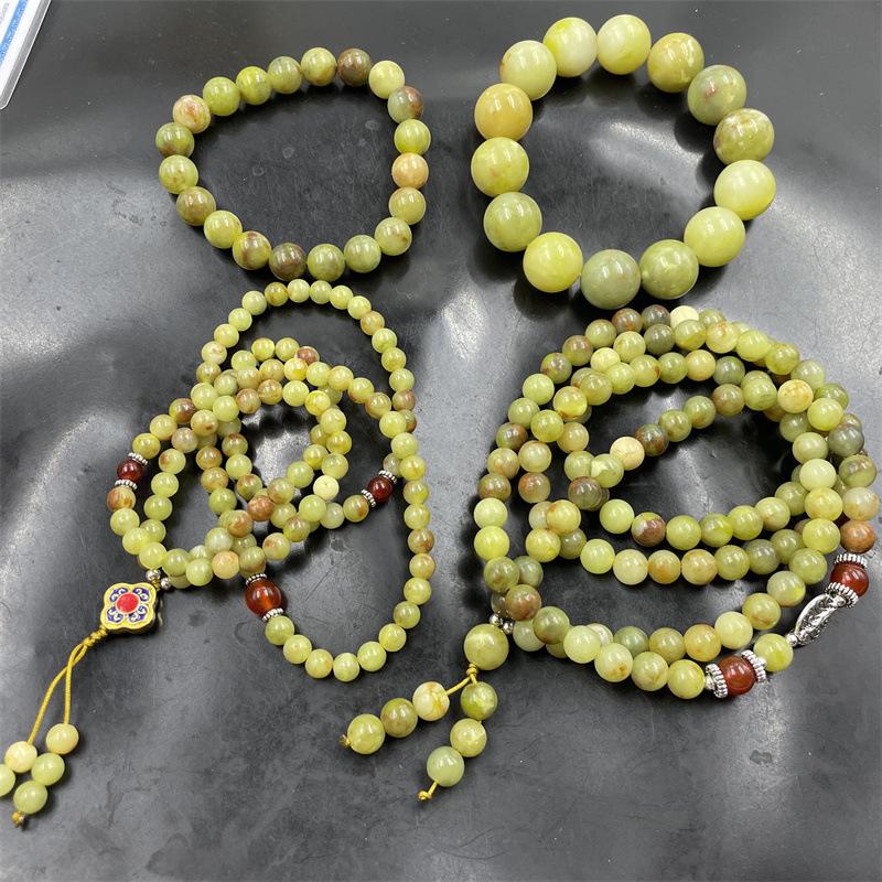 Xiuyan Jade Bead Bracelet: 108 Natural Saffron Jade Beads Buddhist Prayer Sweater Chain