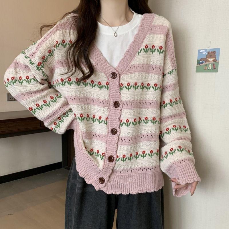 Flower Striped Woman V-neck Sweater Color Blocking Pattern Warm Women's Cardigan Korean Style New Autumn and Winter Top