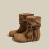 Autumn New Cowhide Short Boots Women's Retro Western Cowboy Fringed Pleated Boken Pile Boots