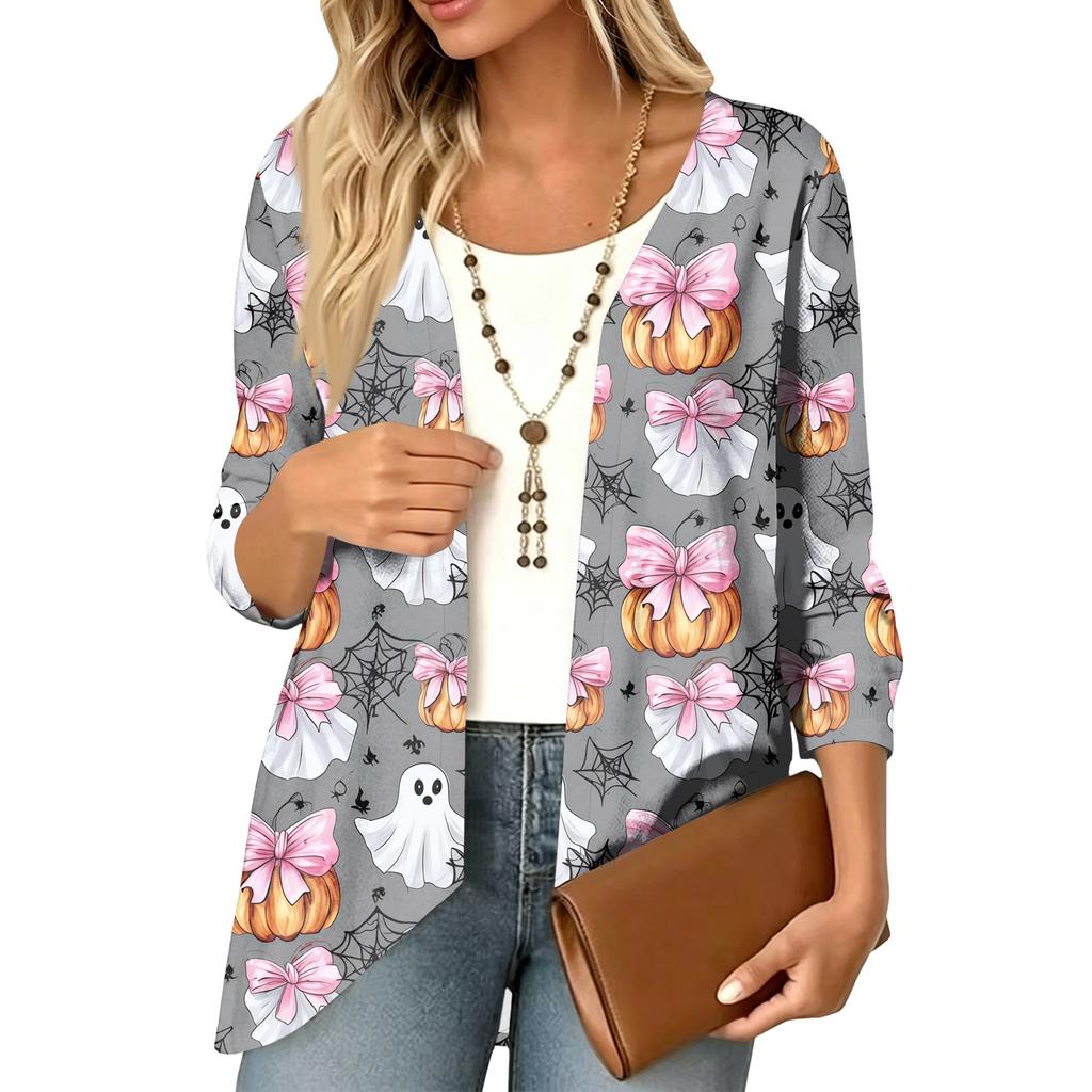 Women's Halloween Print 3/4 Sleeve Lightweight Loose Fit Cardigan for Casual Wear