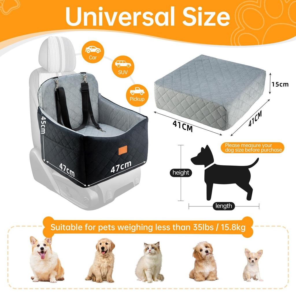 Dog Booster Car Seat for Small Dogs, Portable Pet Travel Carrier Bed with Safety Leash & Adjustable Seat Belt, Non-Slip Bottom