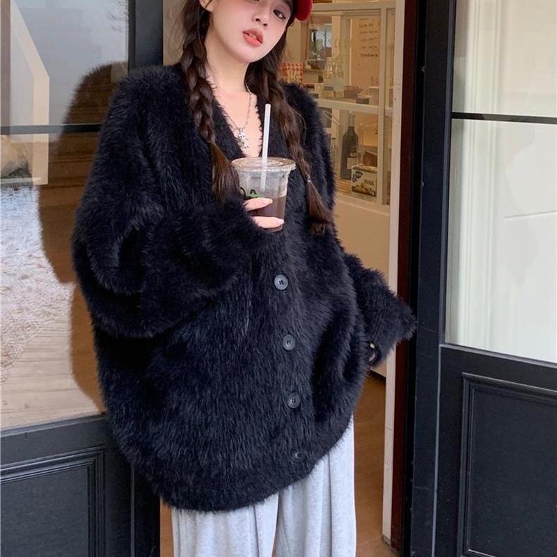 Korean Style Loose Faux Mink Velvet V-neck Cardigan Coat for Women