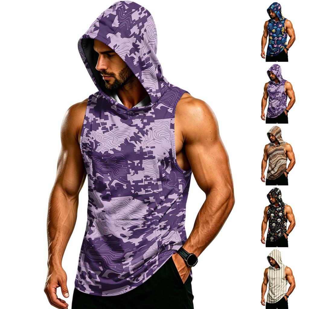 Men’s Hooded Sleeveless Vest Muscle Fit Gym Tank Top Breathable Quick Dry Athletic Bodybuilding Shirt for Workout Training