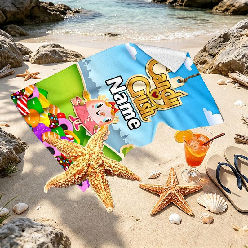 Custom Name Personalized Candy Crush Saga Print Beach Towel, for Trip Camping Beach Party Home Decor, Birthday Gift for Family & Friends