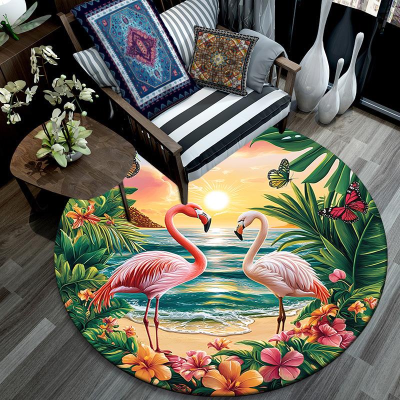 Flamingos Sunset Beach Round Area Rug,Carpet Rug for Living Room Bedroom Sofa Playroom Decor,Non-slip Floor Mat