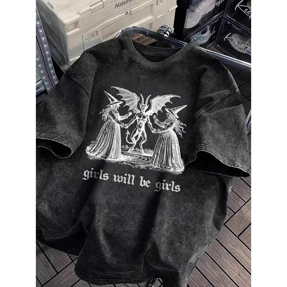100% Cotton Vintage Acid Washed Women T-shirt Retro Woodcut Two Witches Holding Hands With Winged Devil Graphic Casual Oversized Tee