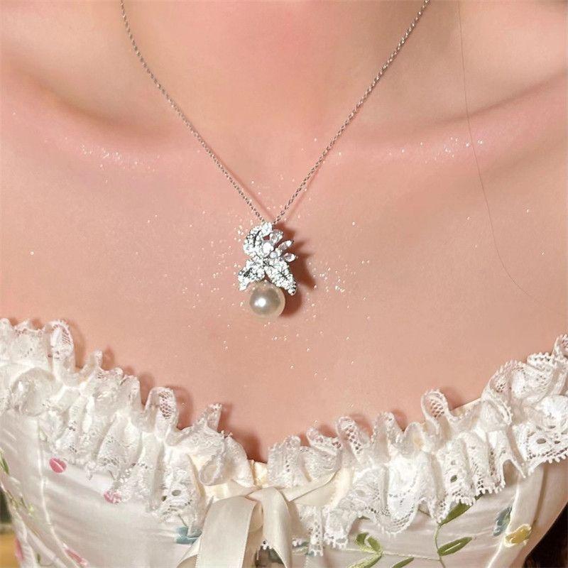 Fashion Vintage Zircon Flower Ear Stud Necklace Big Pearl