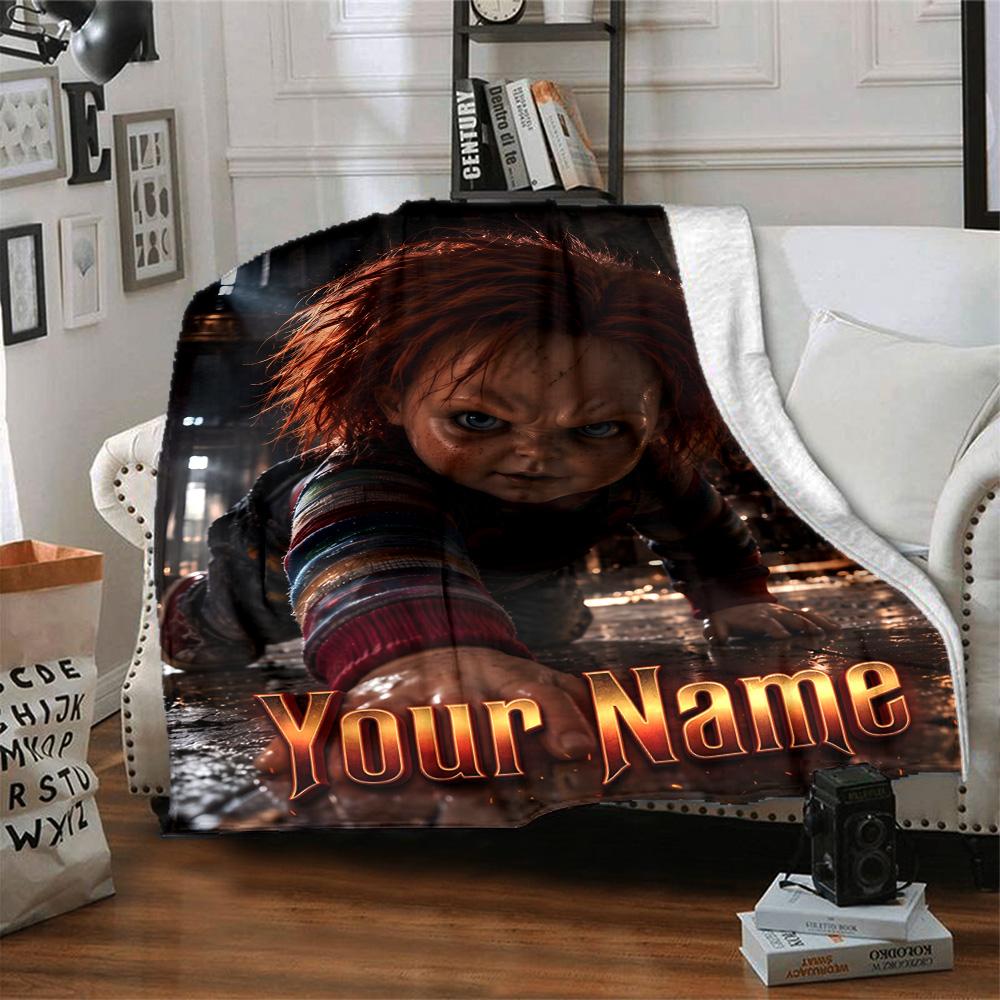 1pc Chucky Blanket with Custom Name, Gift, for Men and Women, Soft Blanket, Good for Sofa Bed Couch Travel, Lightweight Flannel Blanket