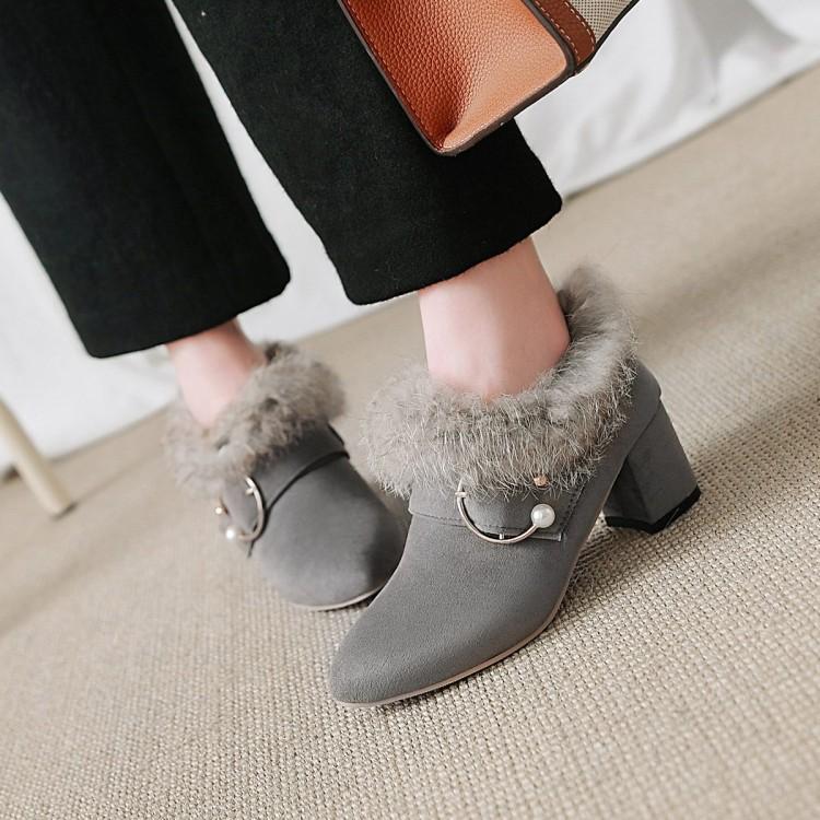 Autumn medium heel short boots women's boots fluffy neckline large size - metal beads Chengdu women's shoes