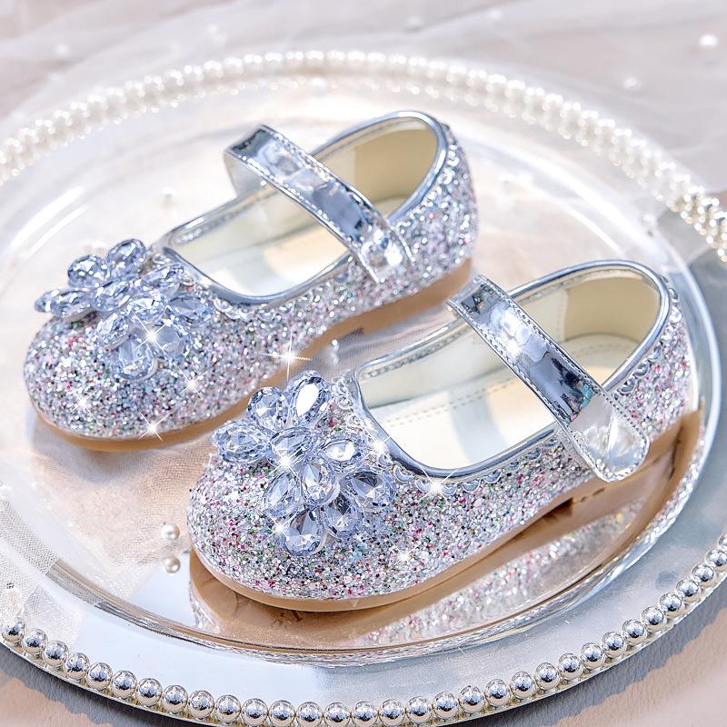 Korean Style Girls' Leather Rhinestone Princess Shoes - 2025 Spring/Autumn Soft Sole Fashion Flats