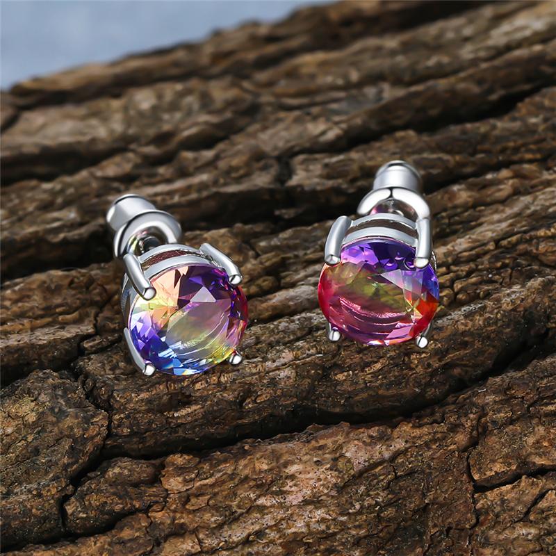 Luxus Damen Kristall Regenbogen Zirkon Stein Runde Steckerohrringe Vintage Silberfarbe Hochzeit Mode Für Frauen