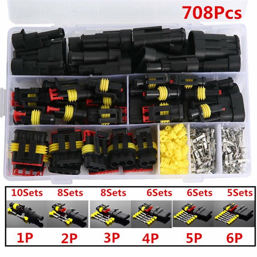 708Pcs 43set 1-6 Pin Way Car Sealed IP68 Waterproof Electrical Wire Connector Plug Kit 12A For Cars Motorbikes Trucks Boats Auto