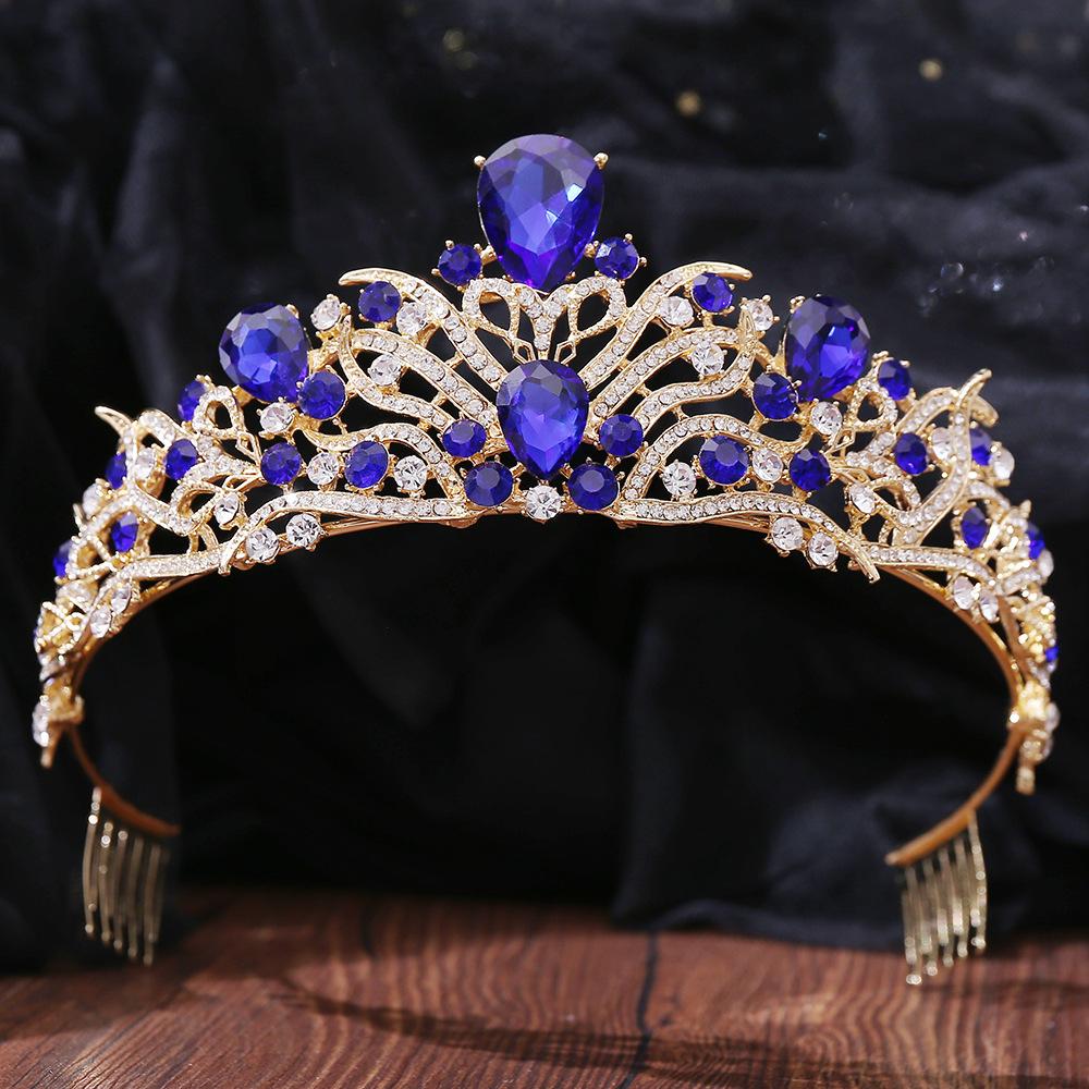 DIEZI Baroque Sweet Blue Crystal Crown Bride Tiara For Women Wedding Elegant Princess Headpiece Hair Zircon Punk Accessories
