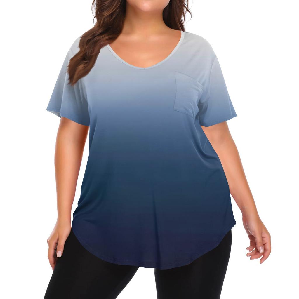 Women's Printing Large Size V-neck Top Loose Pocket T-shirt