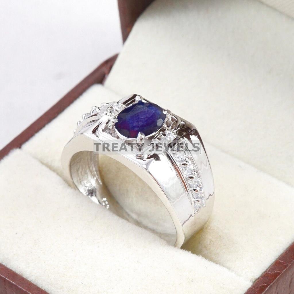 Blue Sapphire Oval Cut Gemstone With 925 Sterling Silver Ring For Men's #B607 JL375686497695