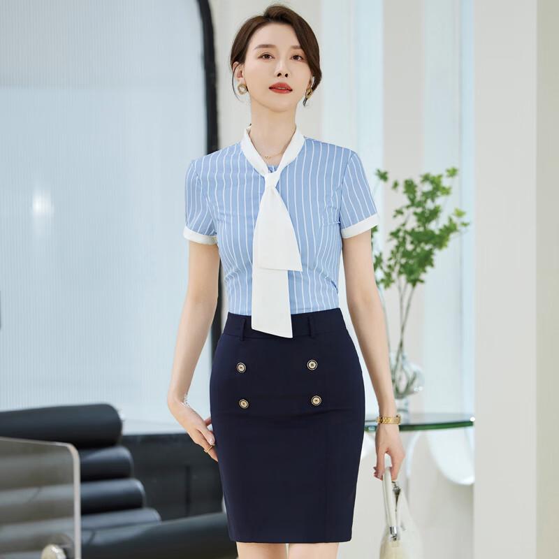 Tromen Women's Blue Stripe Short Sleeve Bow Tie Blouse