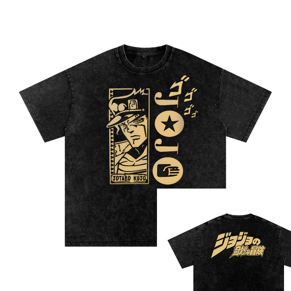 Jotaro Kujo T-shirt For Men Women JoJo's Bizarre Adventure Summer Vintage Washed Men's T-shirt Cotton Tops Clothing