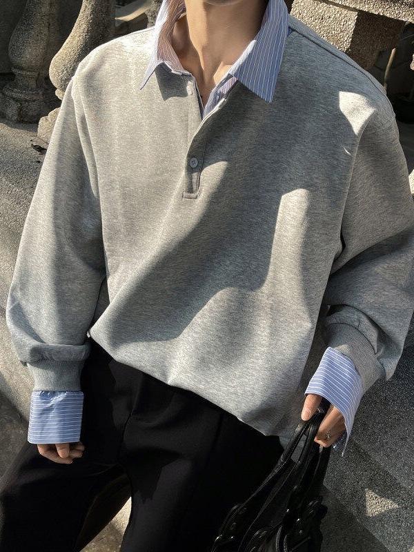 Men's Spring/Autumn Color Block Hoodie with Shirt Collar - Long Sleeve Patchwork Polo Jacket