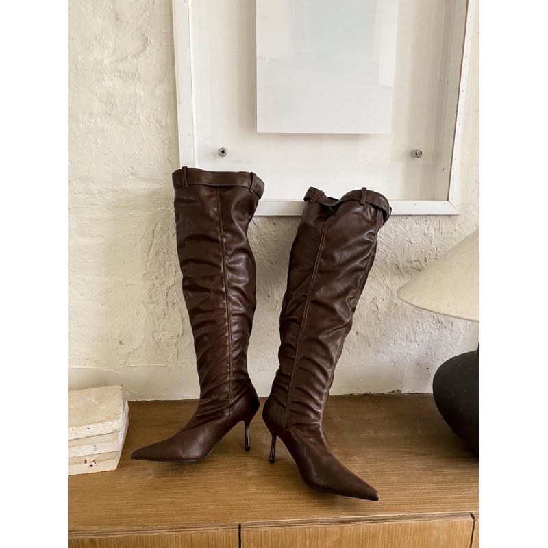 

2025 European and American wind wide tube thin belt buckle pile knee boots 39 темно-коричневого кольору