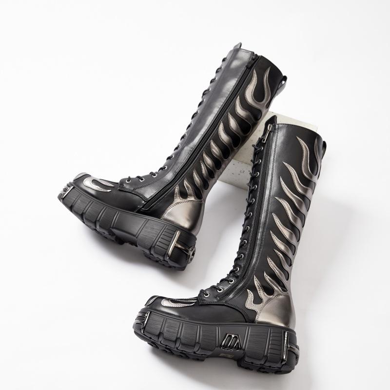 Bottes Longues au Genou Tendance Pour Femmes Nouvelles Bottes de Chevalier à Lacets et Tige Haute Augmentant la Hauteur Bottes à Semelles Épaisses Chaussures Punk Bottes Longues Style Rétro