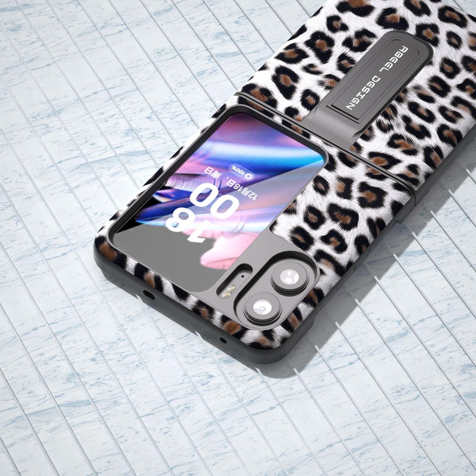

ABEEL For Oppo Find N2 Flip 5G Leopard Pattern Kickstand Cover PU Leather+PC Shockproof Phone Case Silver