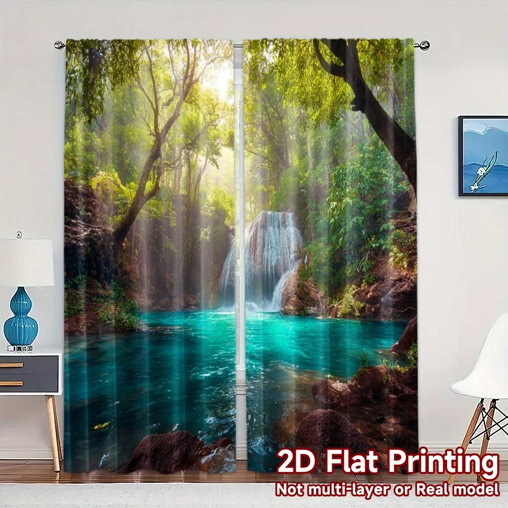 

Flat Printing Curtains Without Rod Emerald Cascade Creative Popular Fabric Set Of 2 Made Polyester Machine Washable W100*H70(CM)-Grommet top&1PCS