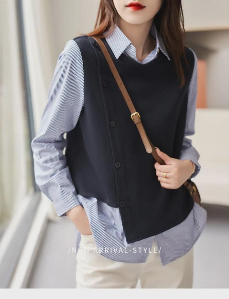 Women's Long Sleeve Striped Knitted Two-in-One Loose Top