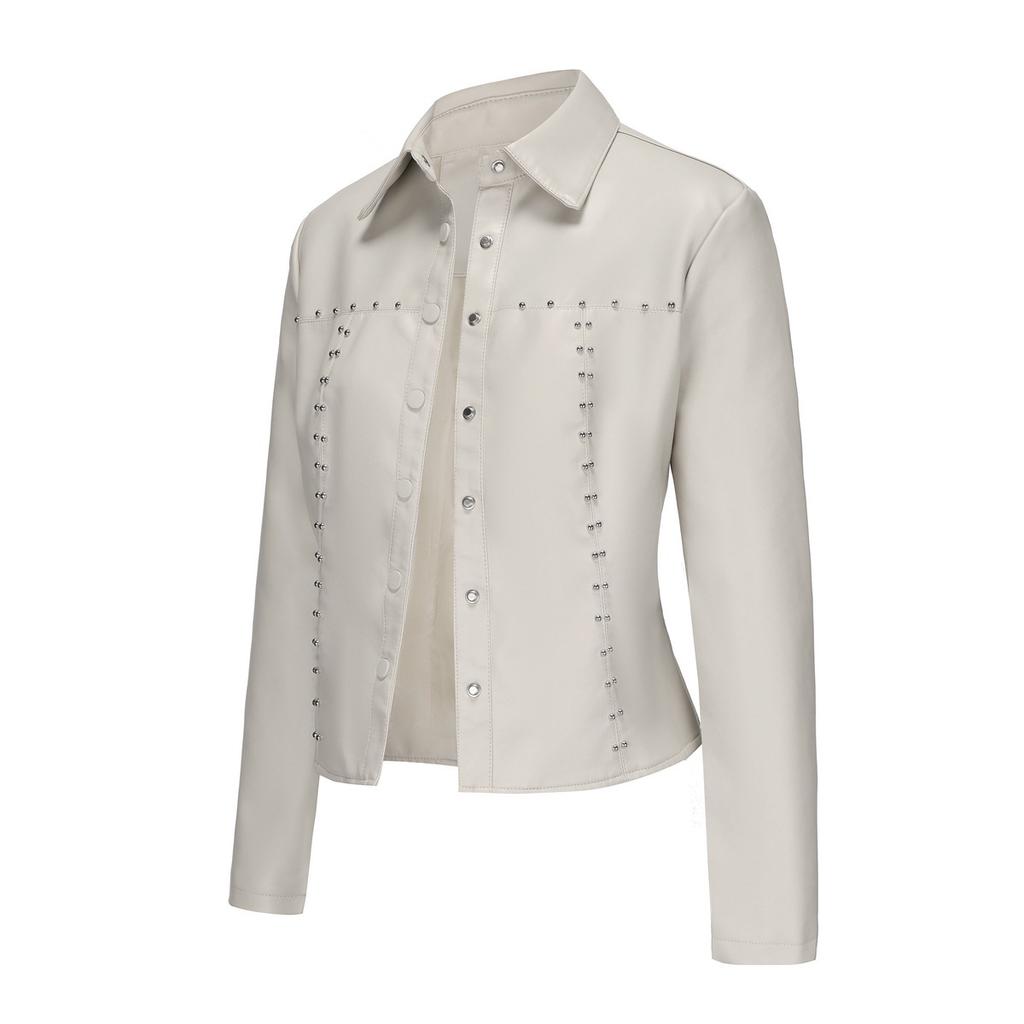 2024 Spring and Autumn New Rivet Leather Jacket Cardigan Button Leather Jacket European and American Fashion Thin Jacket Cross-border Women's Clothing
