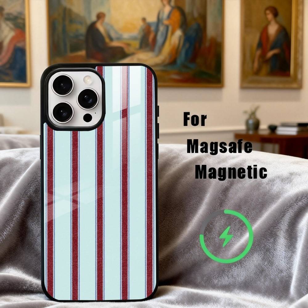 B-Burgundy W-White Stripe Phone Case For iPhone17,16,15,14,13,12,11 Plus,Pro Max Magnetic For Magsafe Wireless Charging